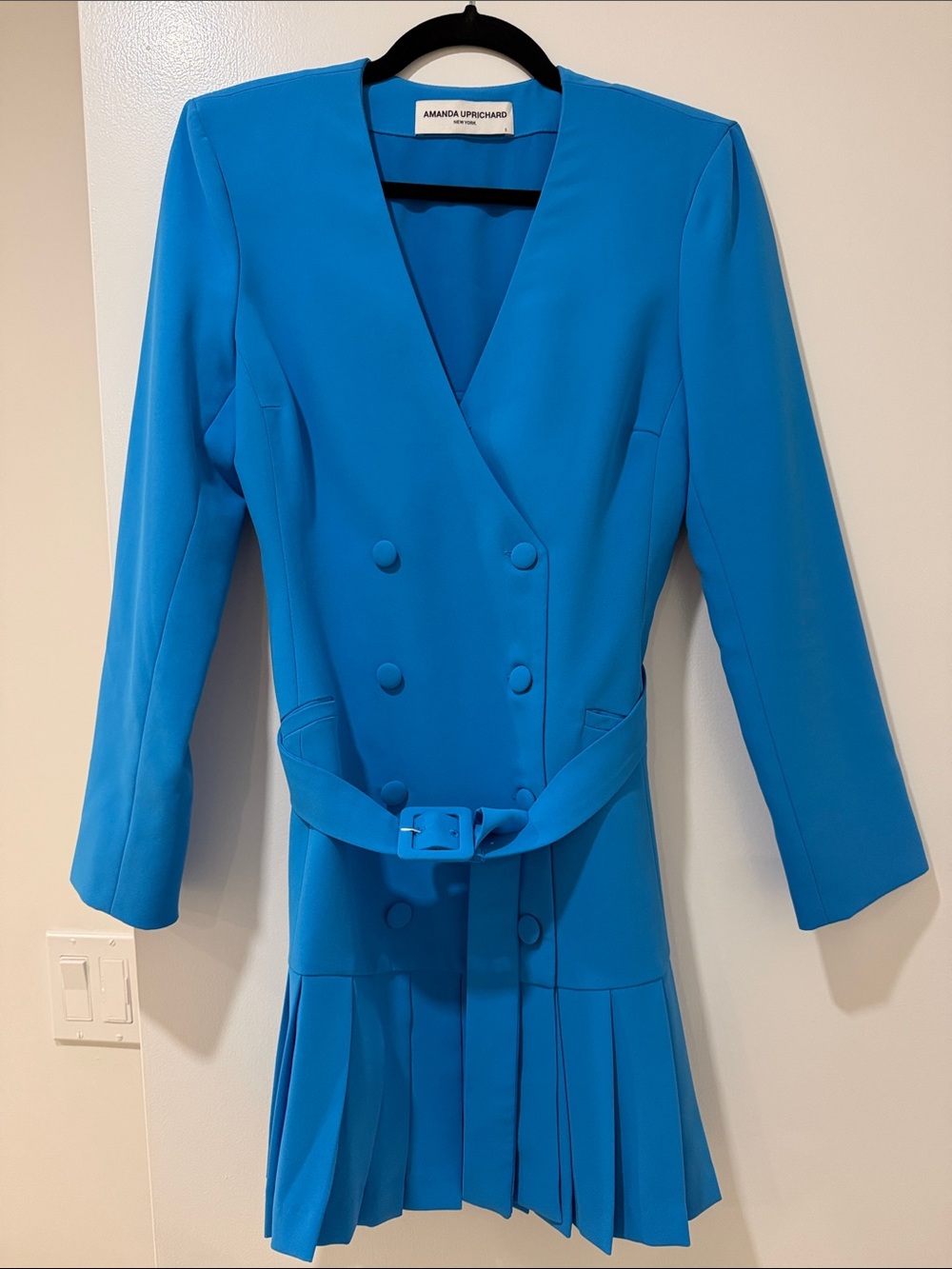 Amanda Uprichard Bright Blue Pleated Double-Breasted Dress with Belt